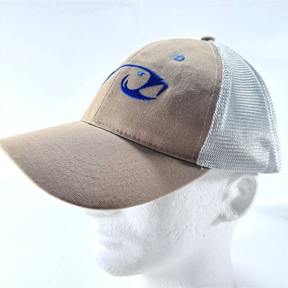 RisingFish Tan w/ Silver Mesh Strapback Trucker Hat Embroidered Fish Head - Picture 1 of 7